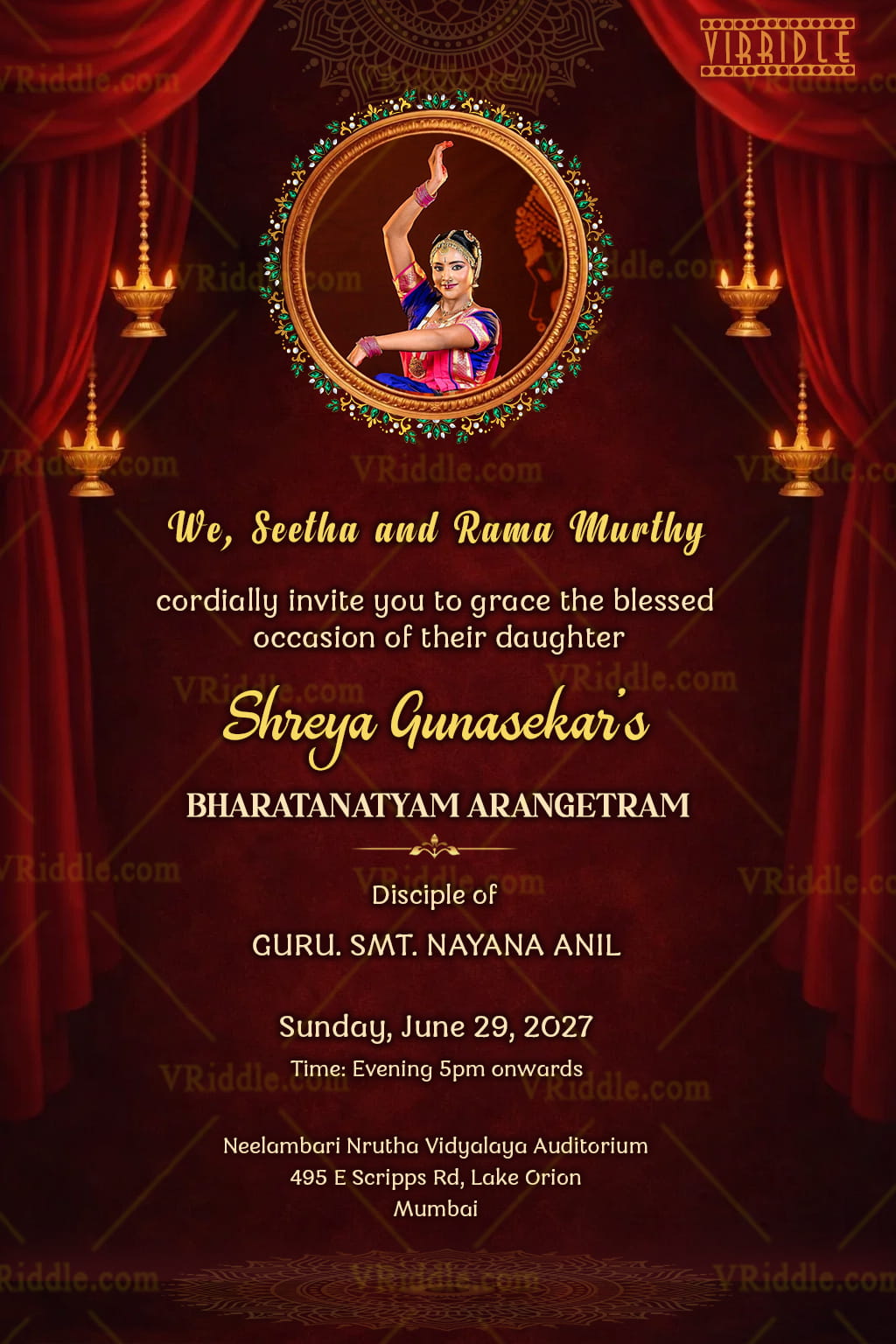 Bharatanatyam Arangetram Invitation with Add Image Option Golden Lamps and Ornate Frame