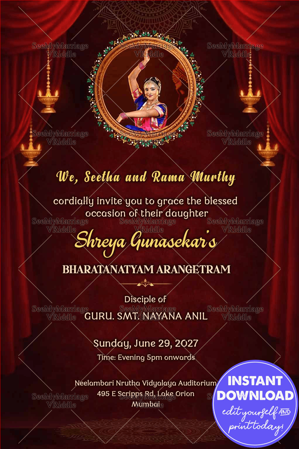 Bharatanatyam Arangetram Invitation with Add Image Option Golden Lamps and Ornate Frame