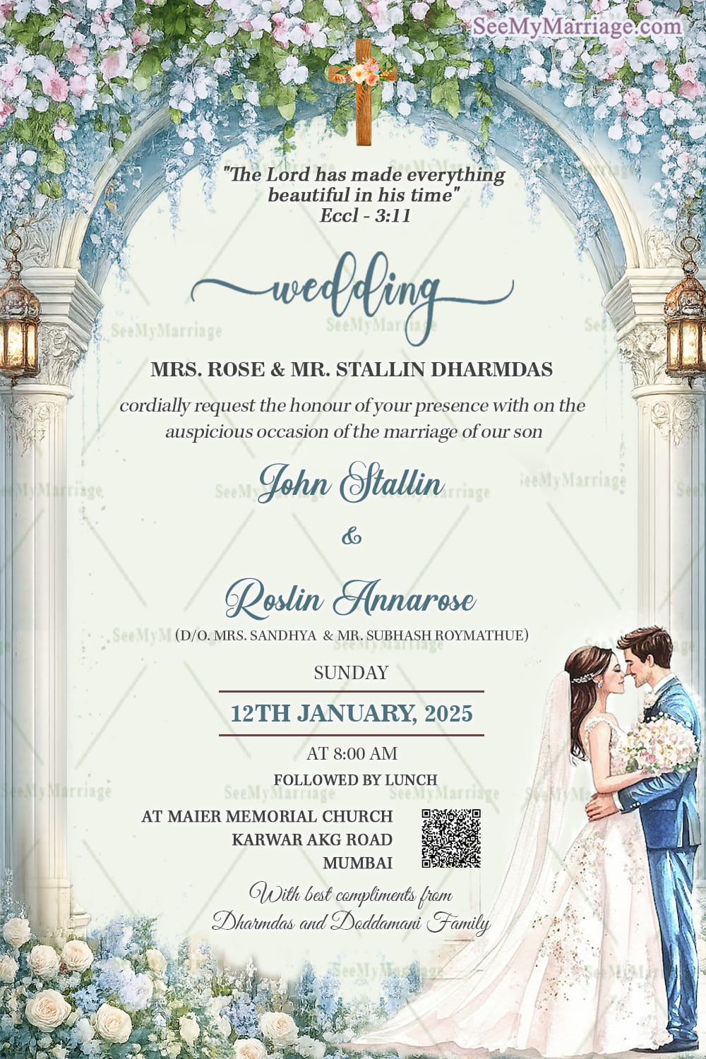 Blue-White Floral Arch Christian Wedding Invitation with Scripture Verse, Cross Motif & Watercolour Couple Illustration