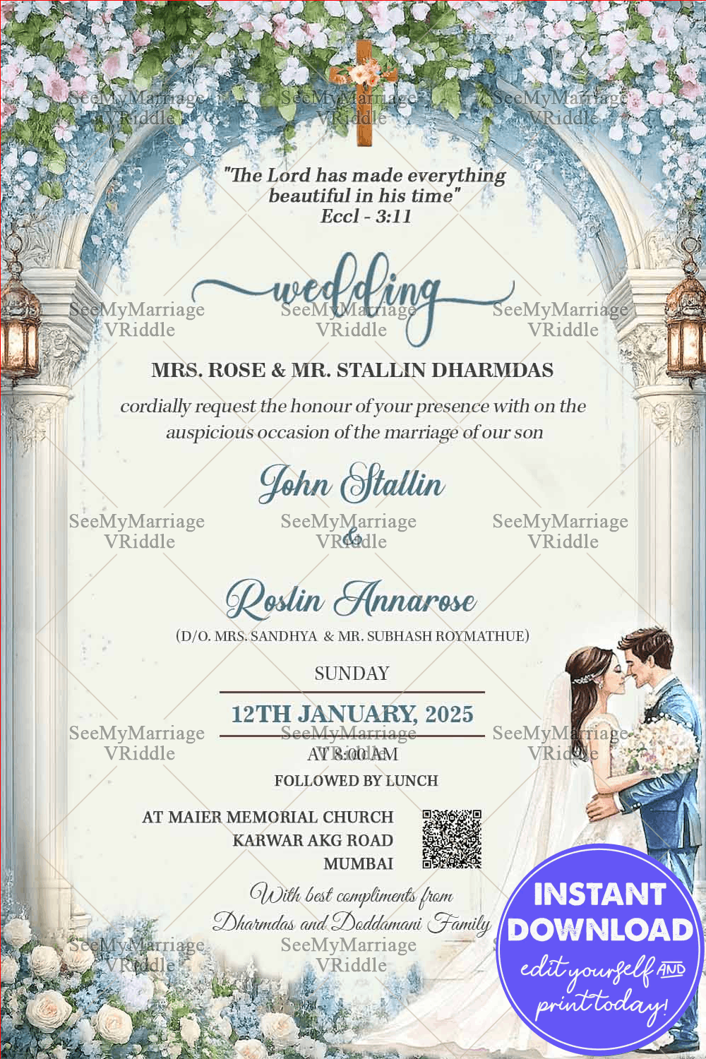 Blue-White Floral Arch Christian Wedding Invitation with Scripture Verse, Cross Motif & Watercolour Couple Illustration