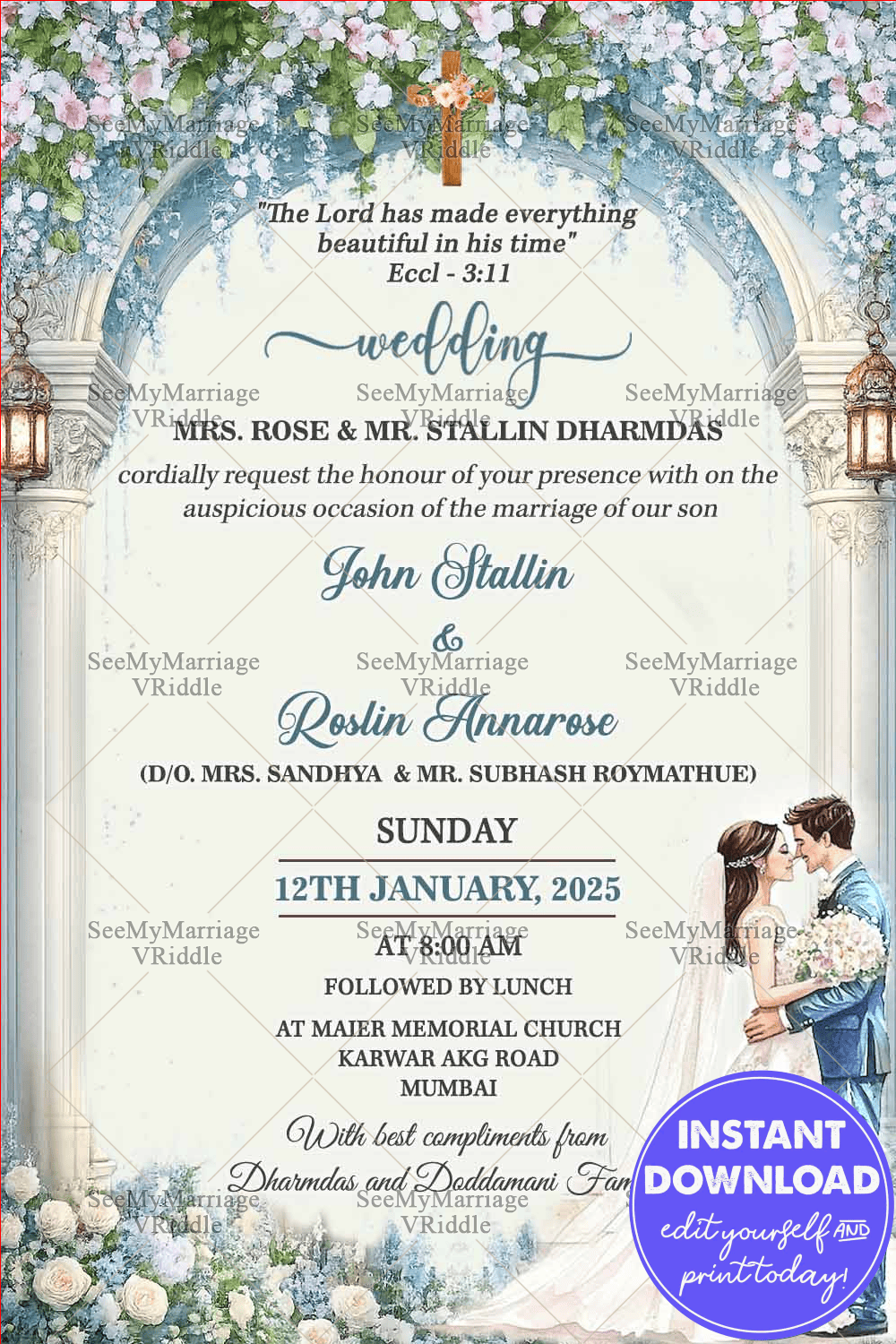 Blue-White Floral Arch Christian Wedding Invitation with Scripture Verse, Cross Motif & Watercolour Couple Illustration