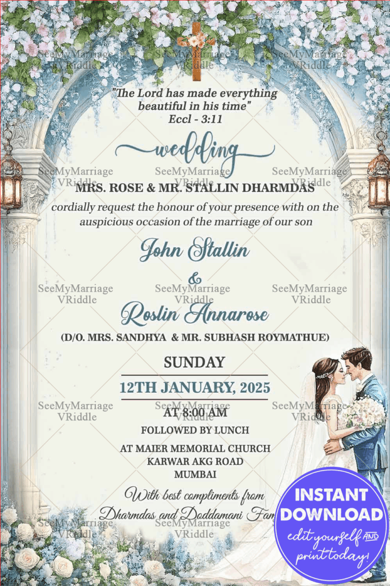 Blue-White Floral Arch Christian Wedding Invitation with Scripture Verse, Cross Motif & Watercolour Couple Illustration