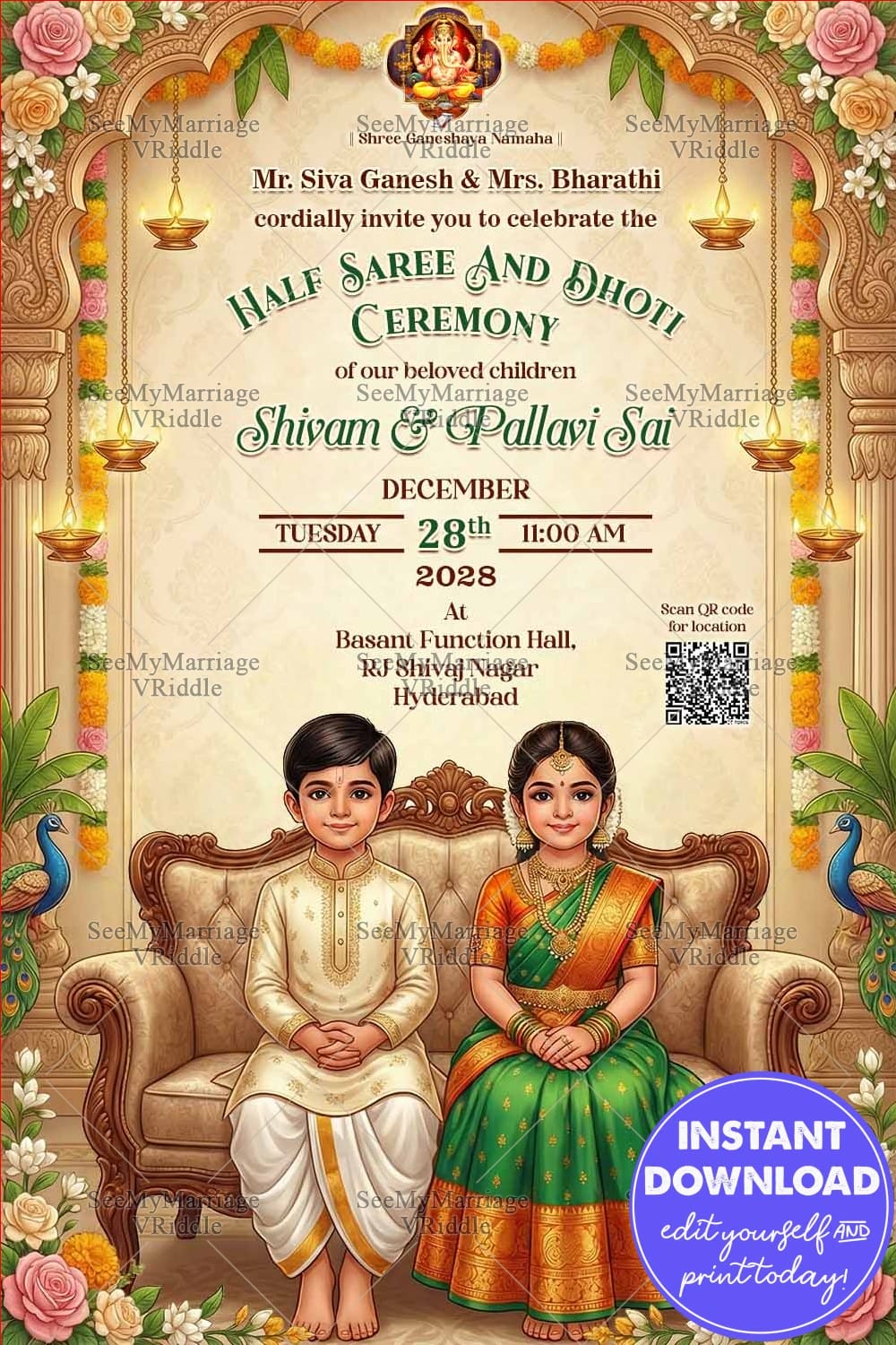 Brother–Sister Half Saree and Dhoti Ceremony Invitation Card with South Indian Attire and Peacock Motifs