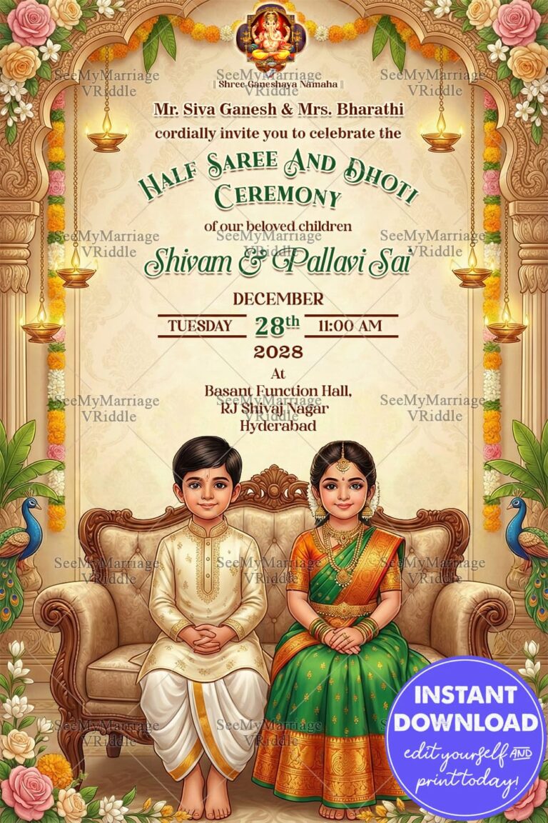 Brother–Sister Half Saree and Dhoti Ceremony Invitation Card with South Indian Attire and Peacock Motifs