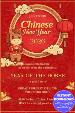 Cartoon Horse Chinese New Year 2026 Invitation with Red Lanterns, Golden Clouds & Festive Frame