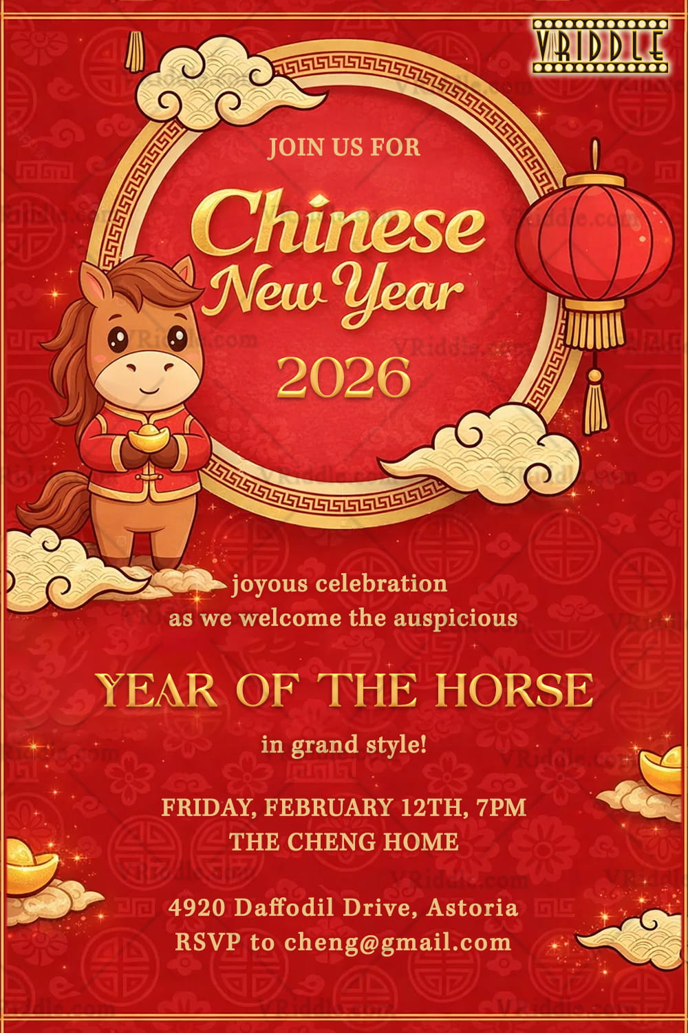 Cartoon Horse Chinese New Year 2026 Invitation with Red Lanterns, Golden Clouds & Festive Frame