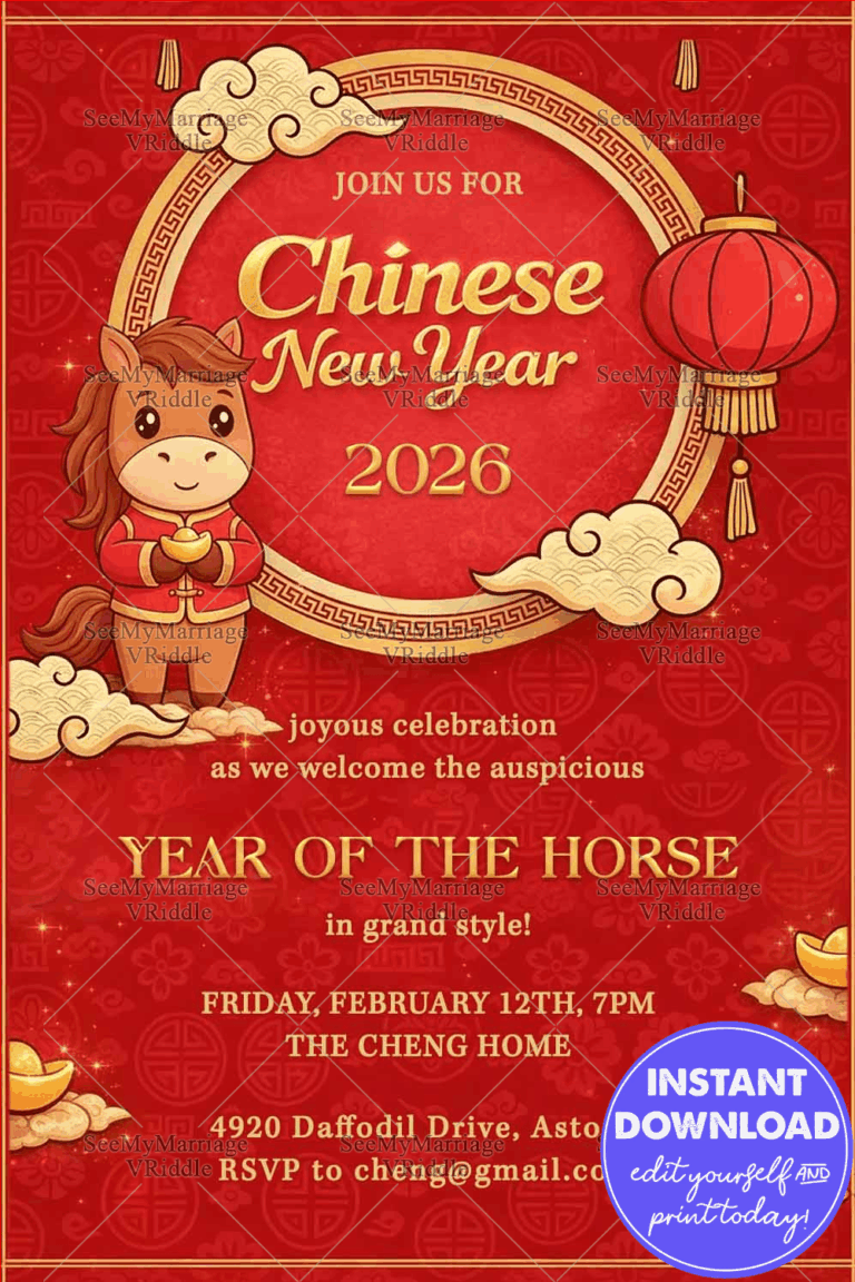 Cartoon Horse Chinese New Year 2026 Invitation with Red Lanterns, Golden Clouds & Festive Frame