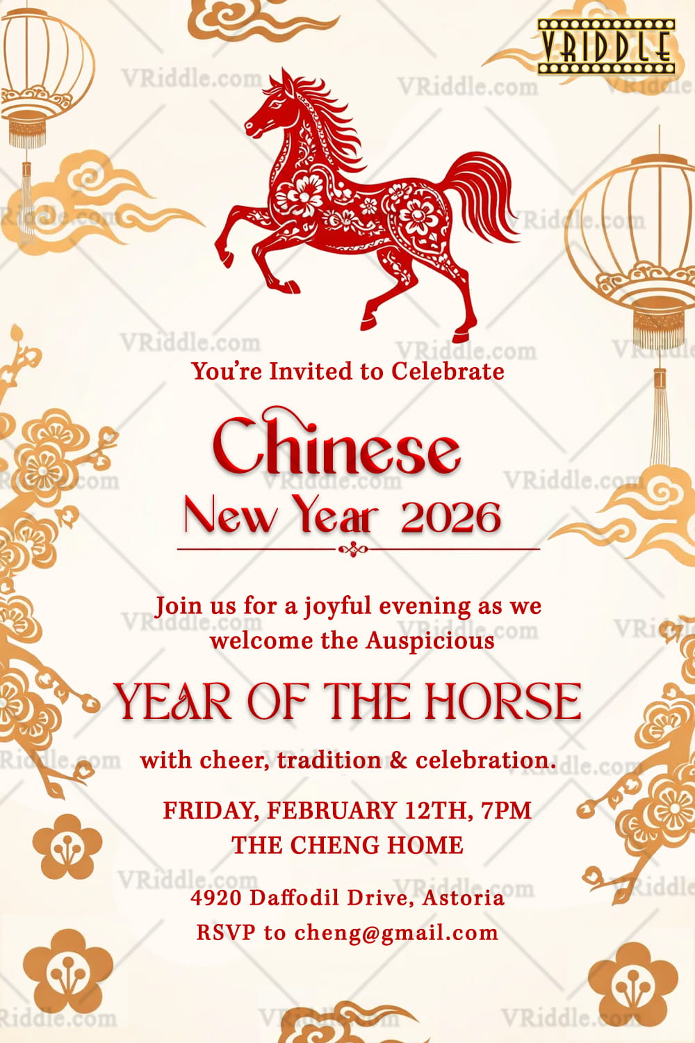 Chinese New Year 2026 Invitation with Red Paper-Cut Horse, Lantern Motifs & Traditional Cloud Patterns