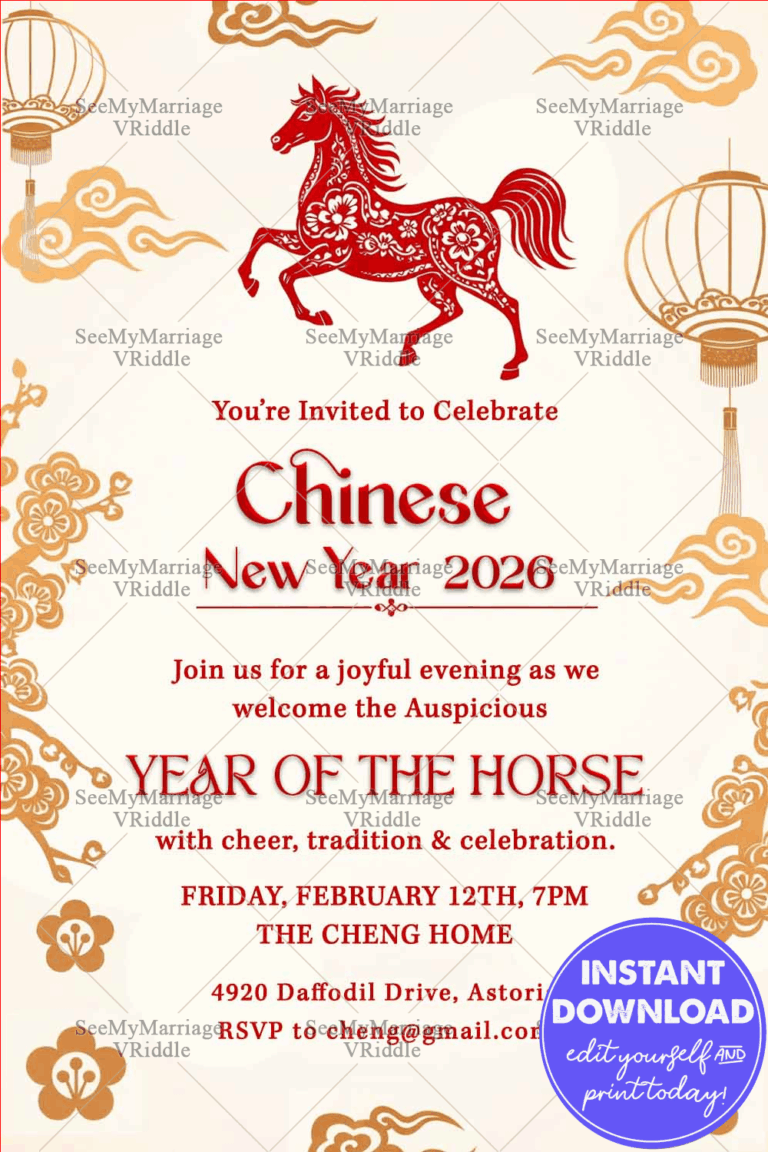 Chinese New Year 2026 Invitation with Red Horse, Lantern Motifs & Traditional Cloud Patterns