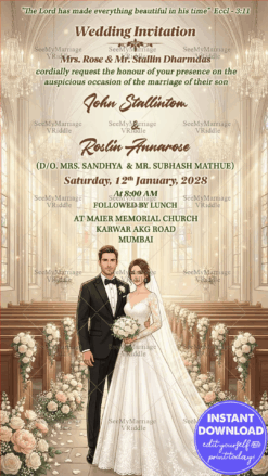 Church BG Christian Wedding Invitation Card with Graceful Bride and Groom in Classic White Gown and Black Tuxedo