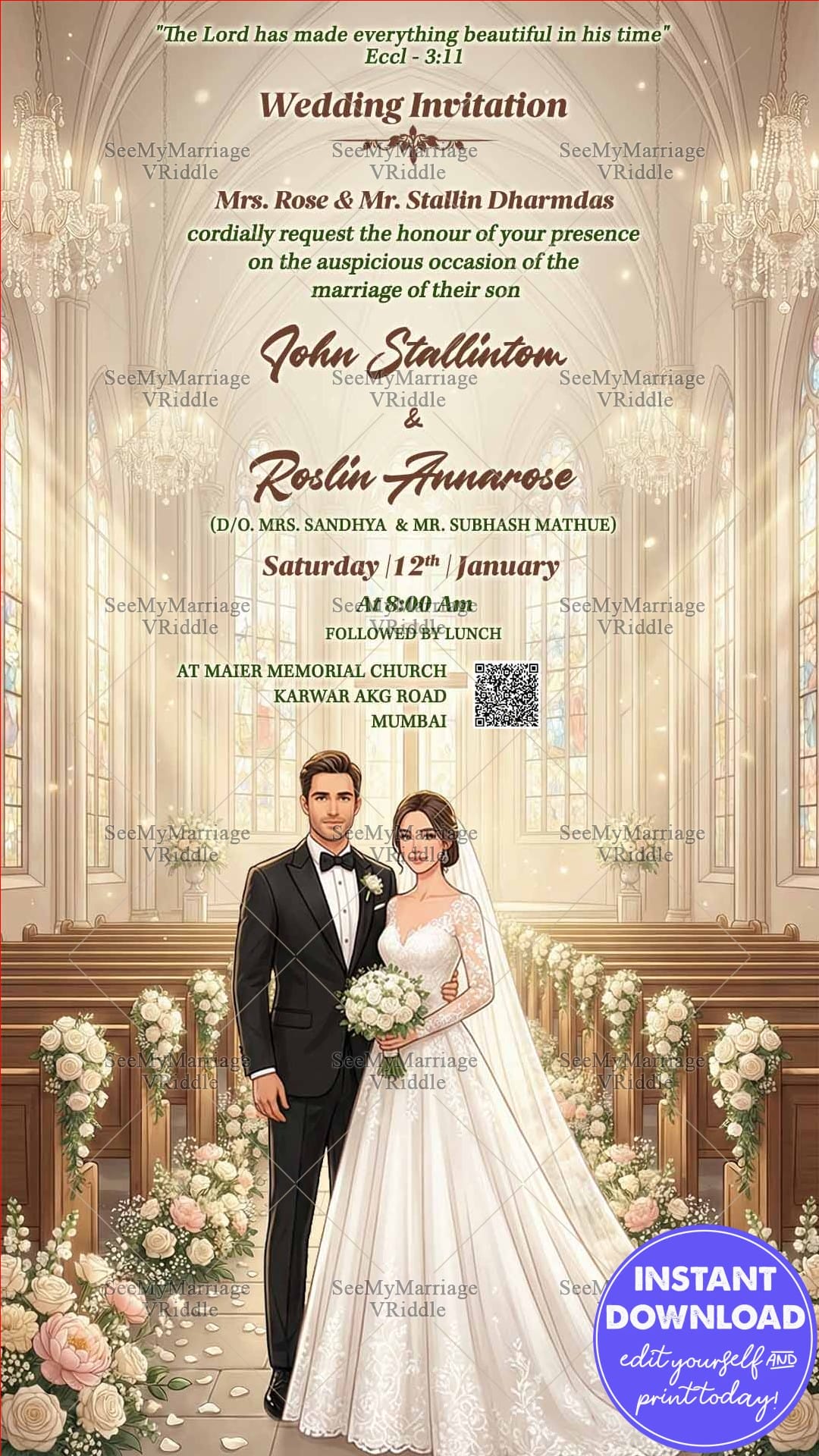Church BG Christian Wedding Invitation Card with Graceful Bride and Groom in Classic White Gown and Black Tuxedo