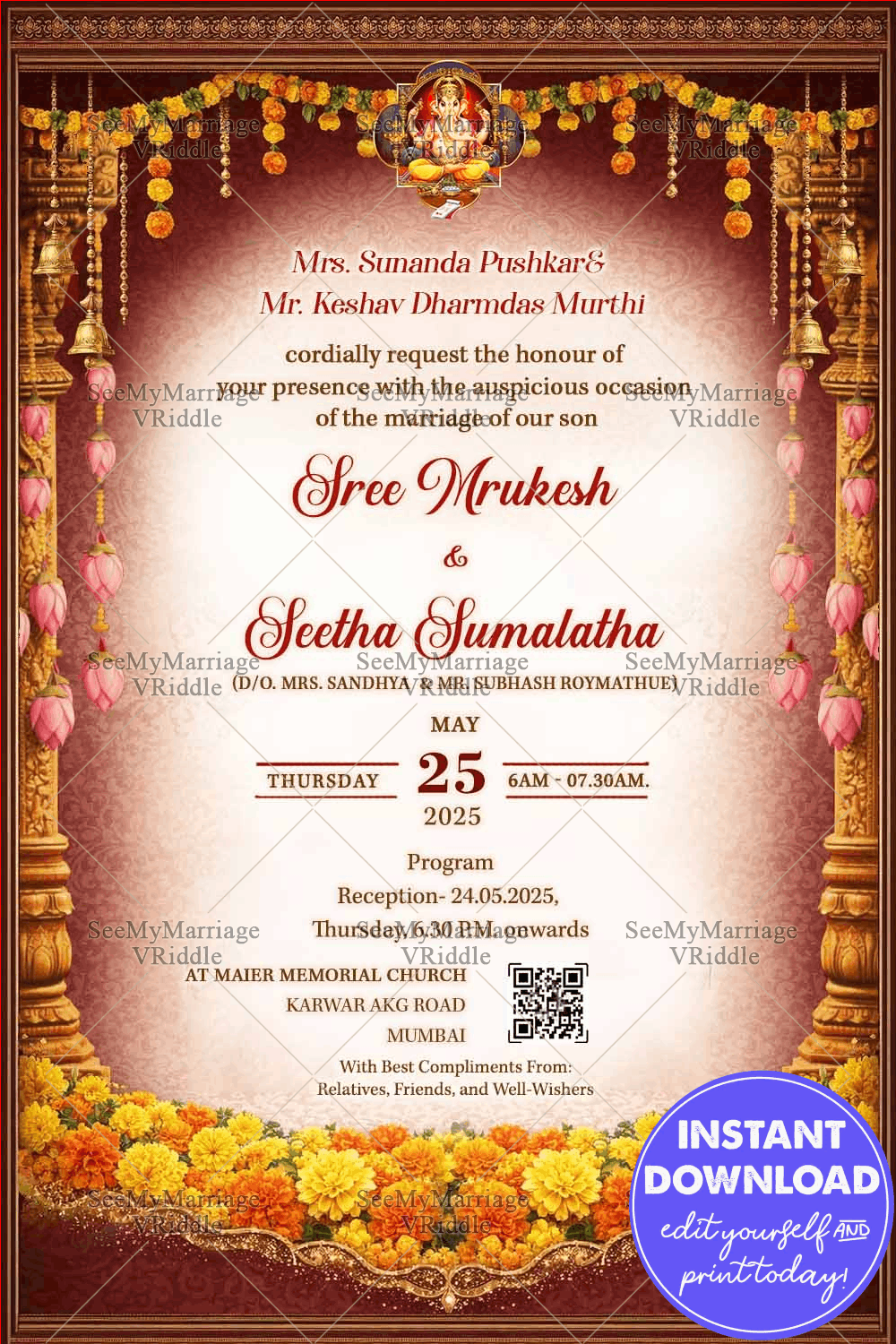 Classic South Indian Wedding Invitation with Marigold Toran, Temple Pillars & Ganesha Motif on a Rich Red Theme