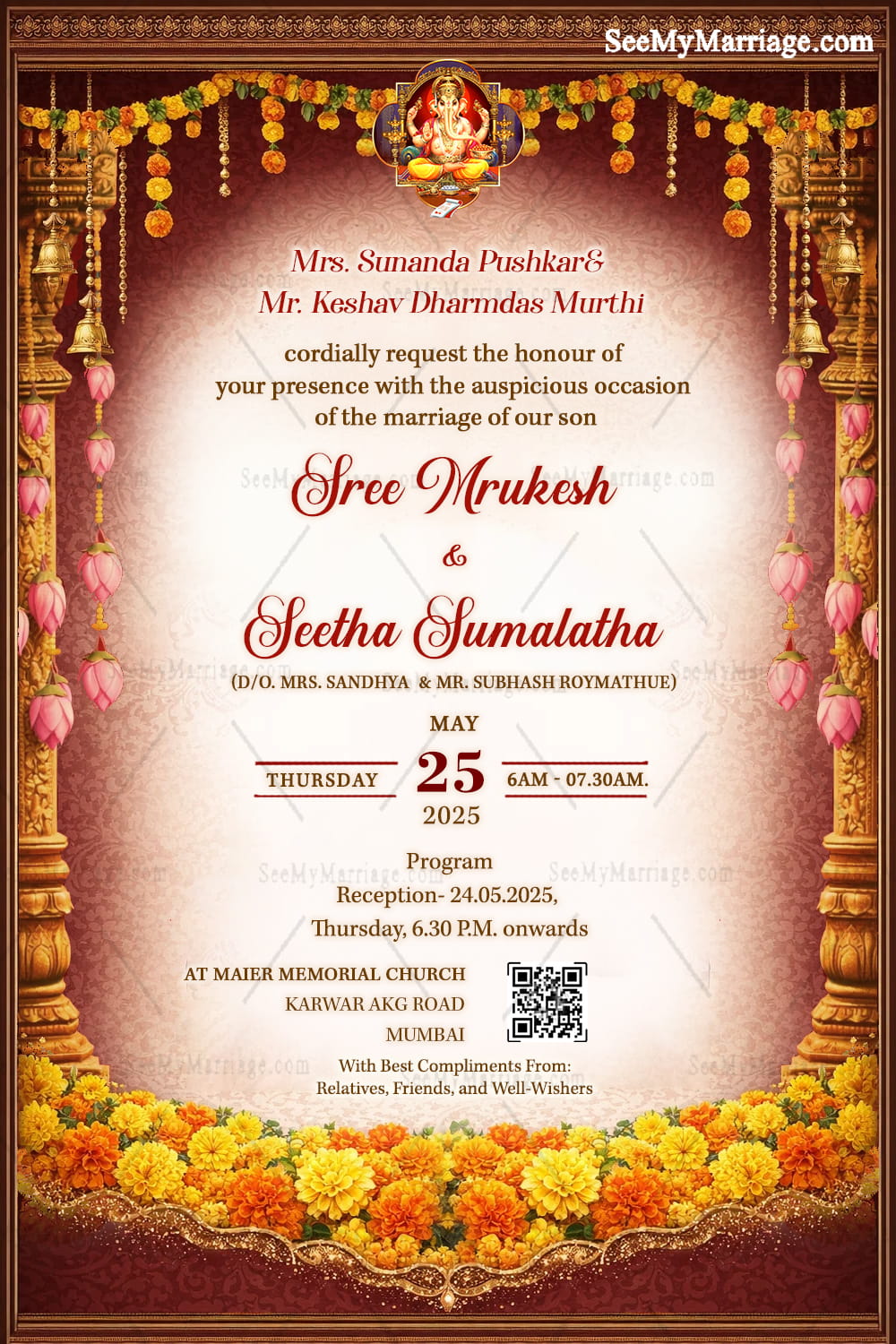 Classic South Indian Wedding Invitation with Marigold Toran, Temple Pillars & Ganesha Motif on a Rich Red Theme
