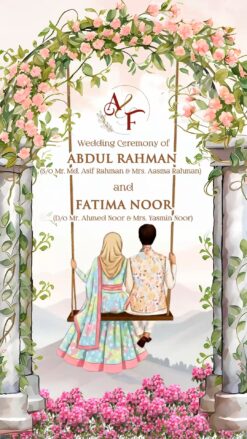 Couple on a Swing Muslim Wedding Invitation Video with Pink BG and Sangeet, Reception, Save The Date