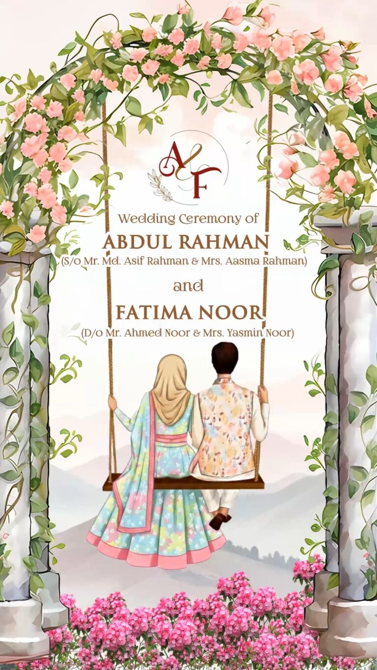Couple on a Swing Muslim Wedding Invitation Video with Pink BG and Sangeet, Reception, Save The Date
