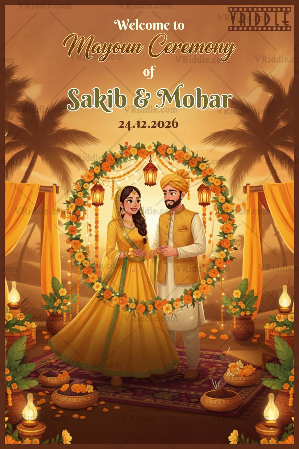 Golden Mayoun Ceremony Welcome Banner with Hanging Lanterns, Flowing Yellow Drapes & Serene Palm Sunset Backdrop