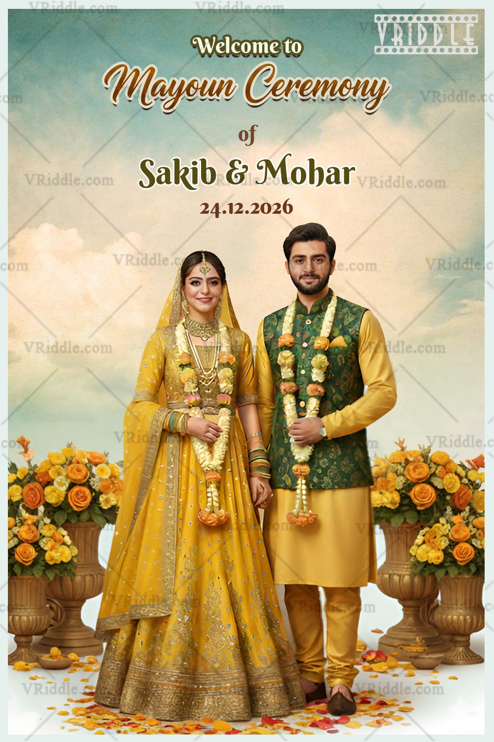 Graceful Mayoun Ceremony Welcome Banner with Realistic Couple Portrait in Mustard-Green Attire and Marigold Floral Arrangements