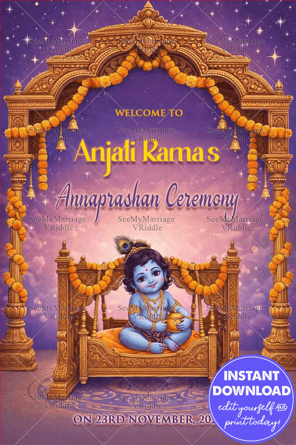 Divine Krishna Annaprashan Banner with Ornate Golden Arch, Floral Garlands and Celestial Purple Background