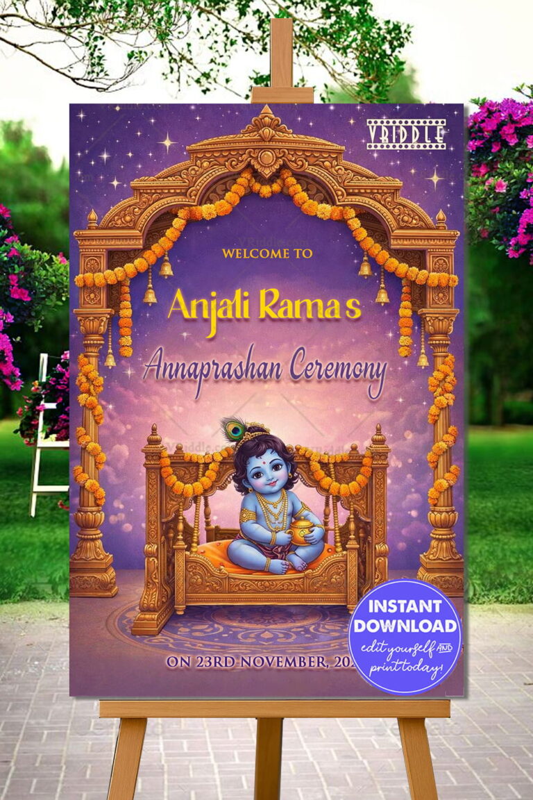 Divine Krishna Annaprashan Banner with Ornate Golden Arch, Floral Garlands and Celestial Purple Background