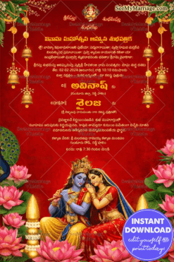 Divine Radha–Krishna Themed Telugu Wedding Invitation with Rich Red Temple Backdrop, Golden Bells & Lotus Motifs