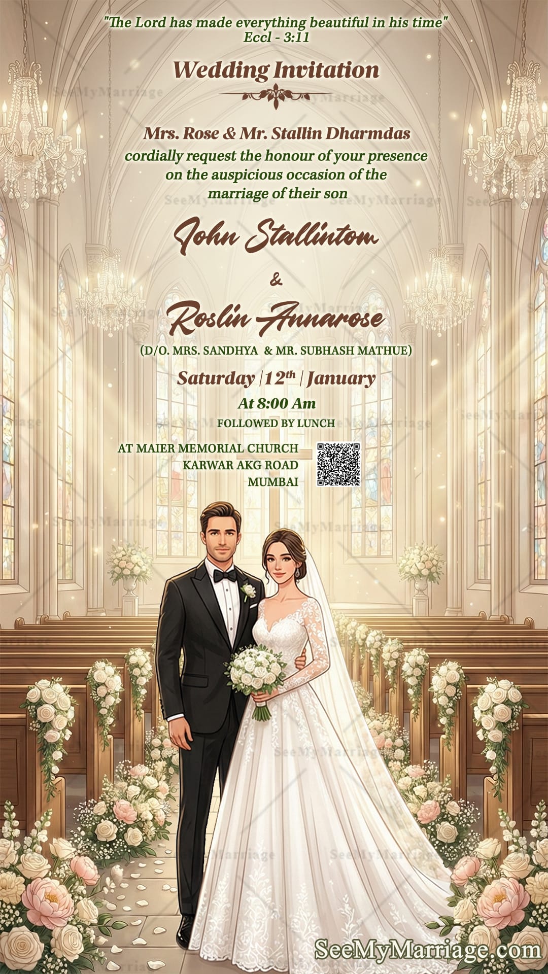 Church BG Christian Wedding Invitation Card with Graceful Bride and Groom in Classic White Gown and Black Tuxedo