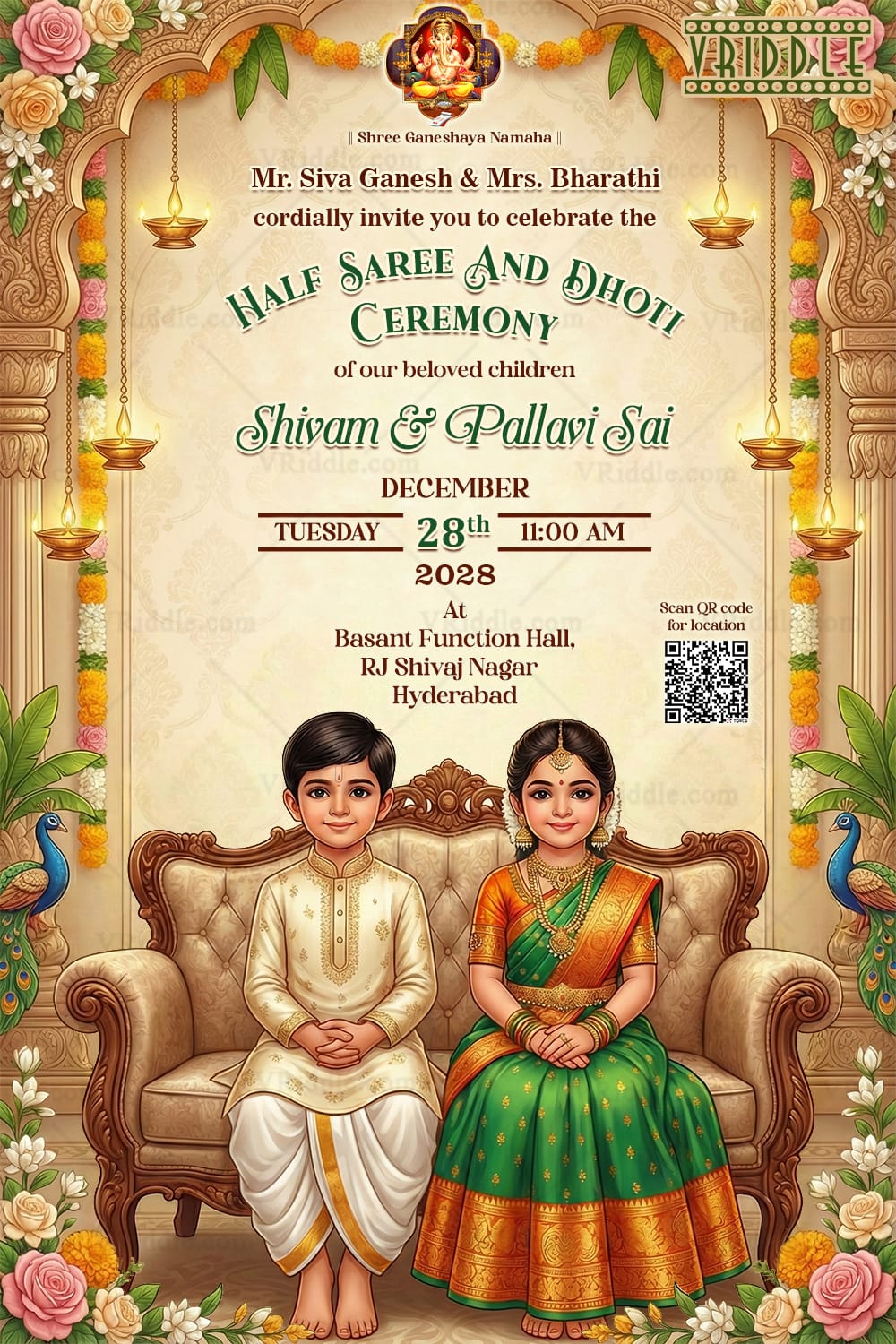 Brother–Sister Half Saree and Dhoti Ceremony Invitation Card with South Indian Attire and Peacock Motifs