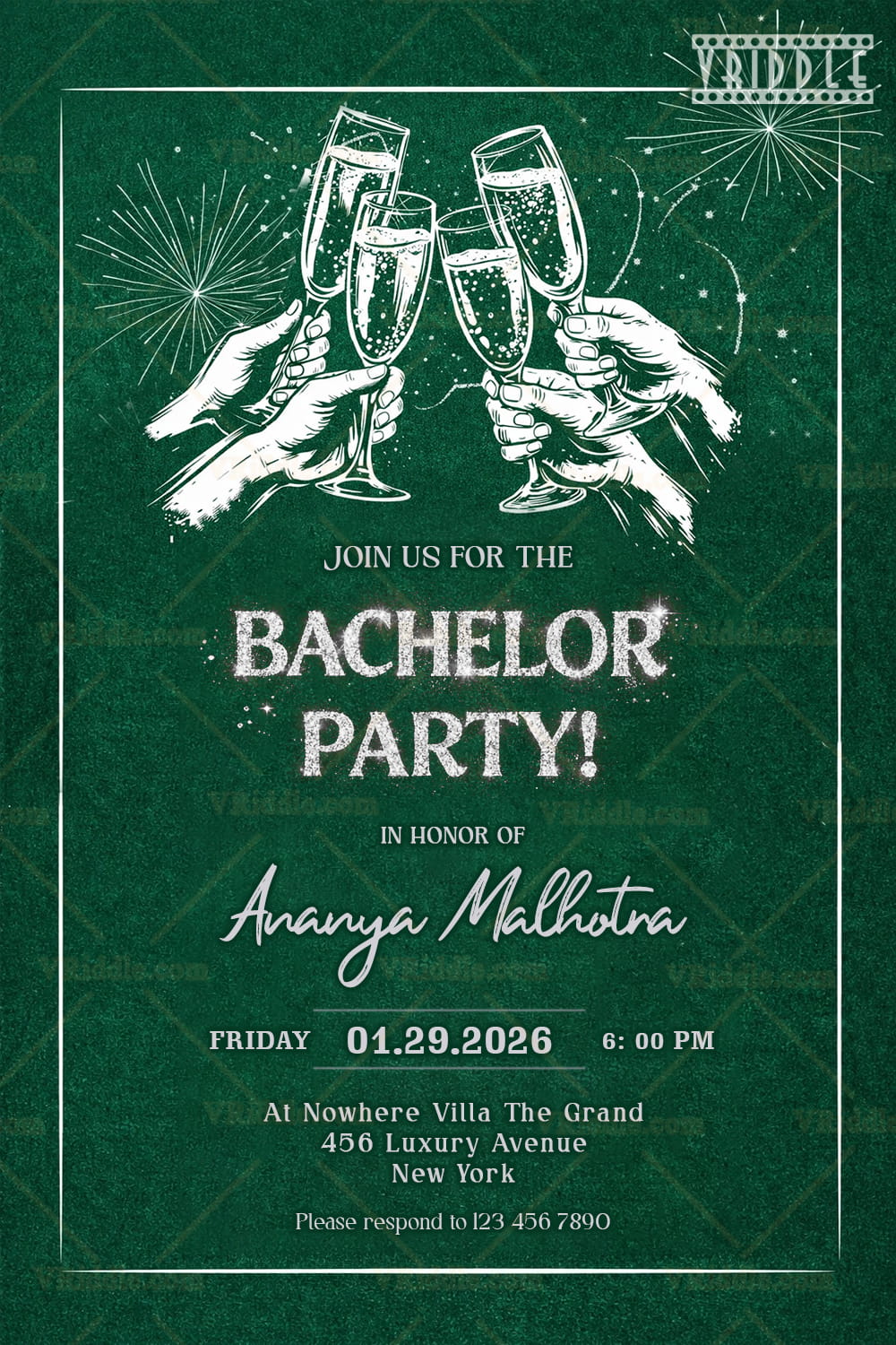 Emerald Green Bachelor Party Invitation with Champagne Toast Illustration, Sparkle Typography & Firework Accents
