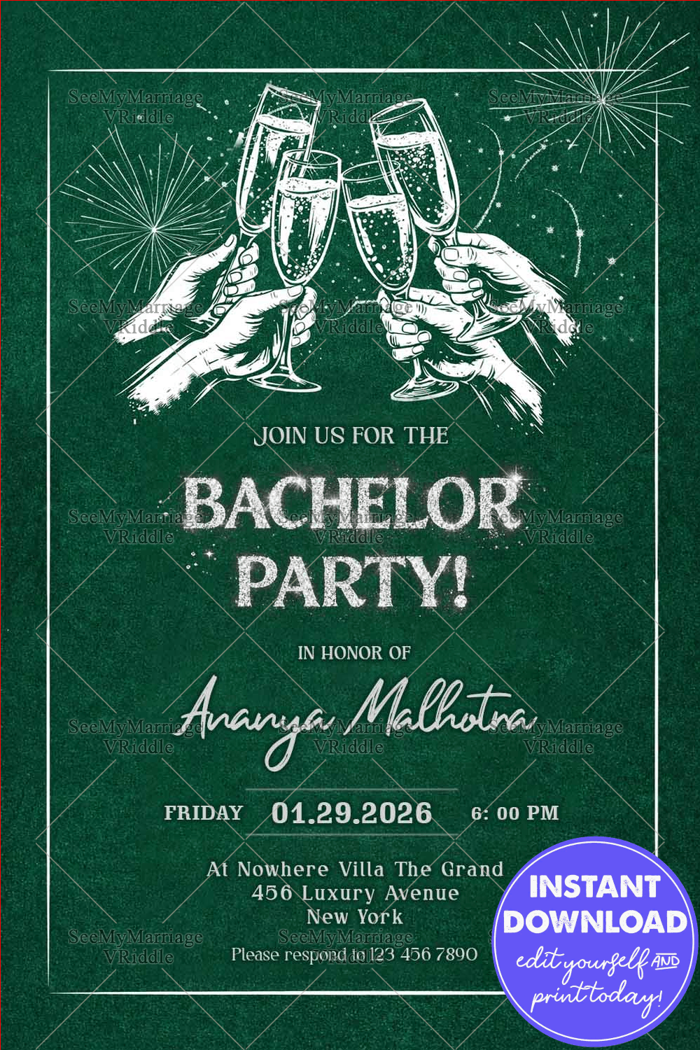 Emerald Green Bachelor Party Invitation with Champagne Toast Illustration, Sparkle Typography & Firework Accents