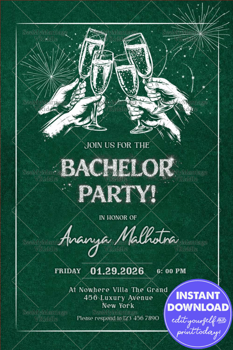 Emerald Green Bachelor Party Invitation with Champagne Toast Illustration, Sparkle Typography & Firework Accents