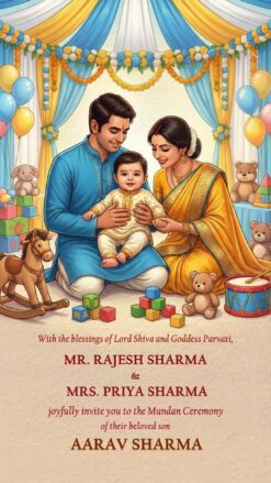 Family Illustration Mundan Ceremony Invitation Video with Toran, Sacred Havan Ritual Setup and Playful Baby Elements