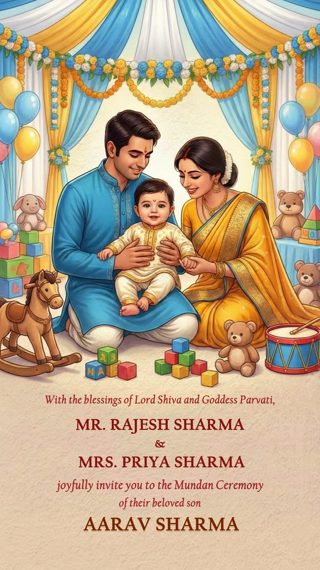 Family Illustration Mundan Ceremony Invitation Video with Toran, Sacred Havan Ritual Setup and Playful Baby Elements