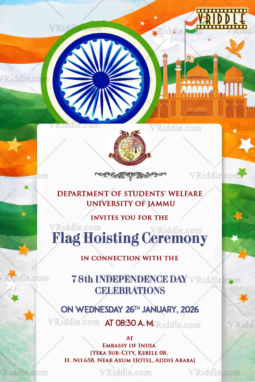 Flag Hoisting Invitation with Tricolor, Ashoka Chakra, Red Fort Silhouette & Starry Celebration Motifs