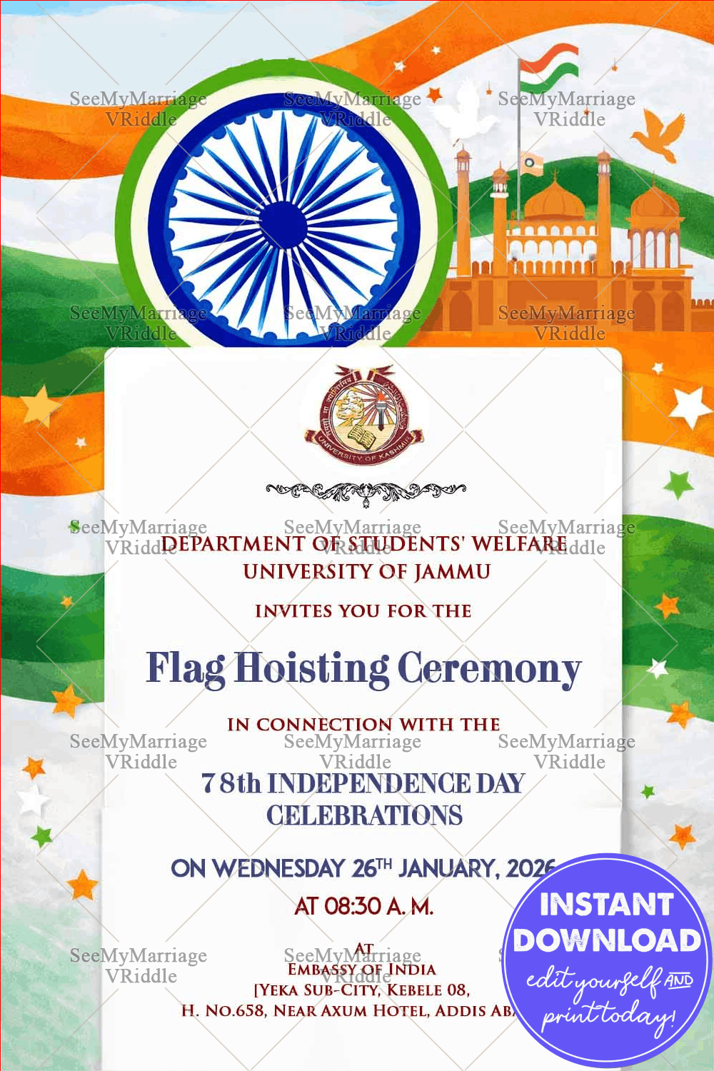 Flag Hoisting Invitation with Tricolor, Ashoka Chakra, Red Fort Silhouette & Starry Celebration Motifs