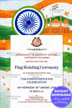 Flag Hoisting Invitation with Tricolor, Ashoka Chakra, Red Fort Silhouette & Starry Celebration Motifs