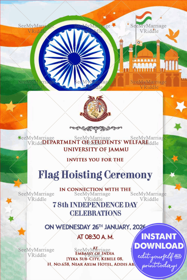 Flag Hoisting Invitation with Tricolor, Ashoka Chakra, Red Fort Silhouette & Starry Celebration Motifs