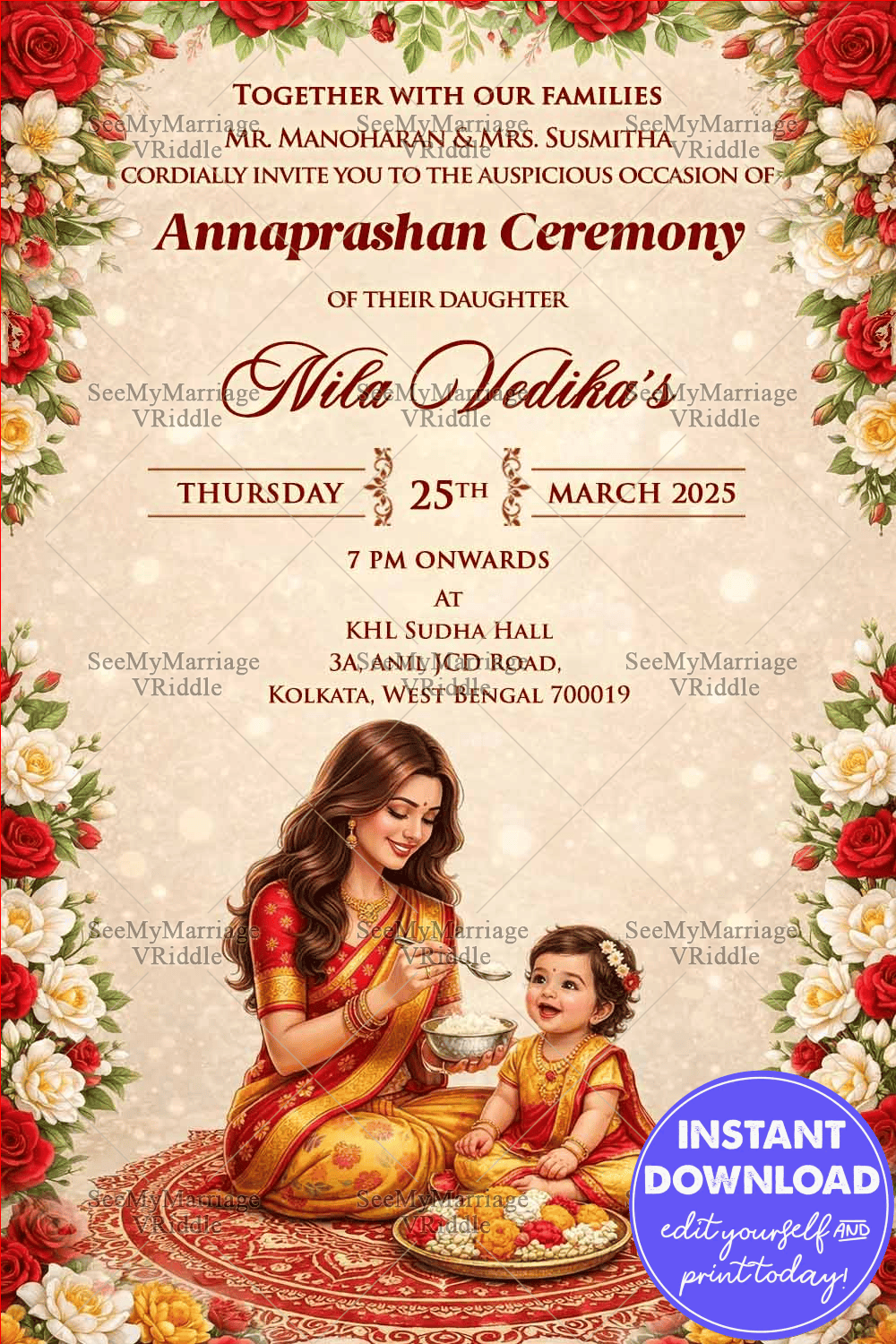 Floral Annaprashan Ceremony Invitation with Mother–Daughter Illustration, Red & Gold Accents and Classic Aesthetics