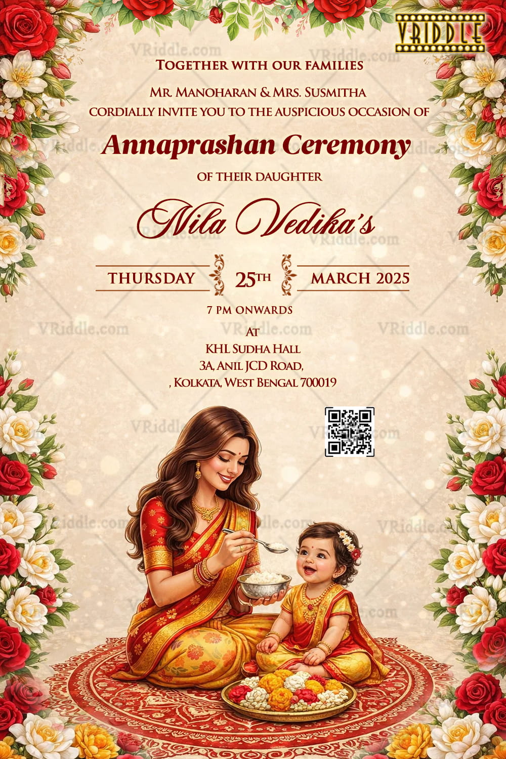 Floral Annaprashan Ceremony Invitation with Mother–Daughter Illustration, Red & Gold Accents and Classic Aesthetics