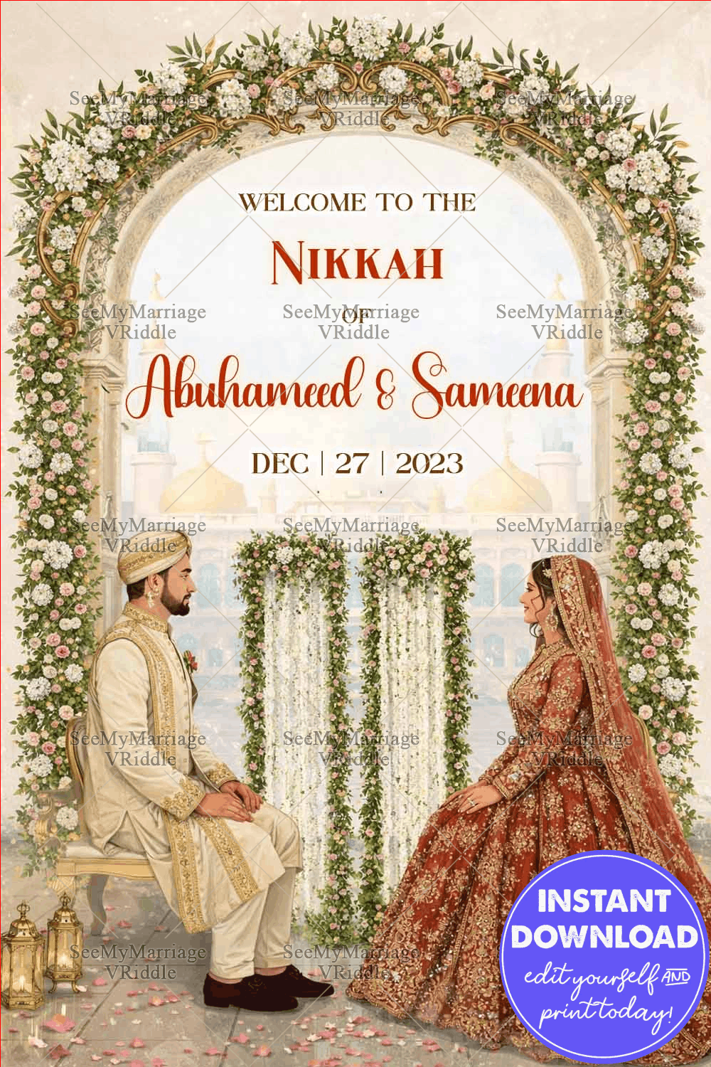 Floral Arch Nikkah Banner with Grand Mughal Backdrop, Cascading White Garlands & Regal Bride–Groom Illustration
