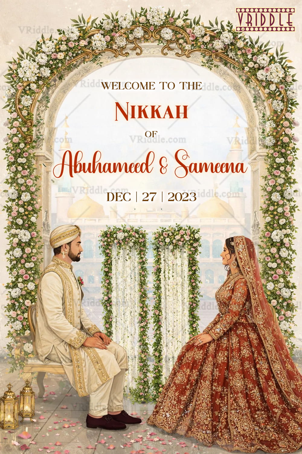 Floral Arch Nikkah Banner with Grand Mughal Backdrop, Cascading White Garlands & Regal Bride–Groom Illustration