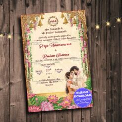Floral Arch Wedding Invitation with Golden Temple Bells, Lotus Garden & Romantic Couple Illustration