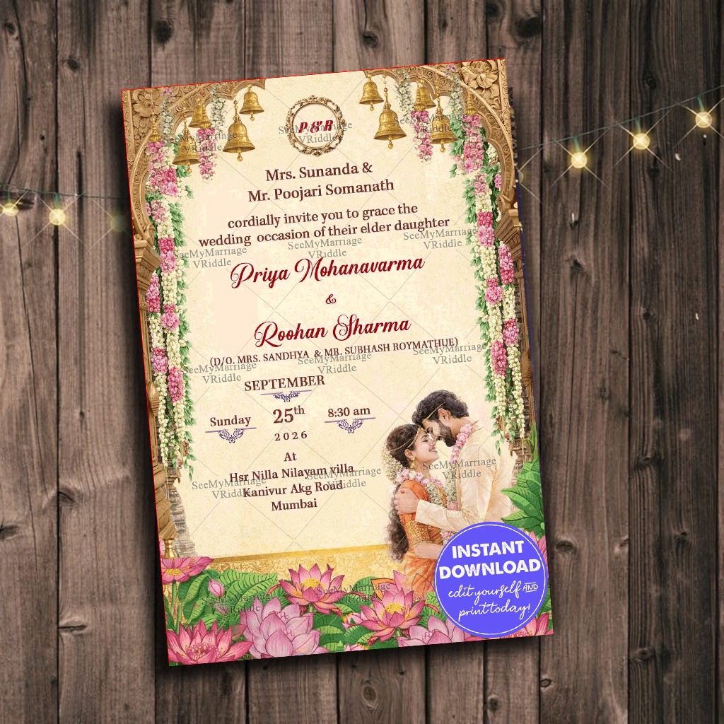 Floral-Arch-Wedding-Invitation-with-Golden-Temple-Bells-Lotus-Garden-Romantic-Couple-Illustration-1