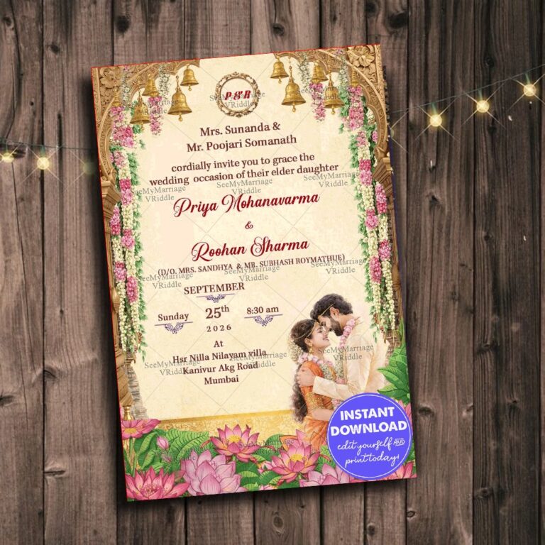 Floral Arch Wedding Invitation with Golden Temple Bells, Lotus Garden & Romantic Couple Illustration
