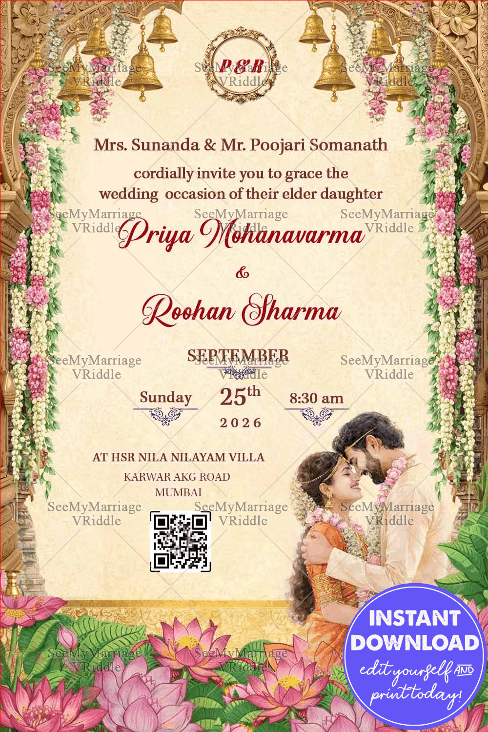 Floral Arch Wedding Invitation with Golden Temple Bells, Lotus Garden & Romantic Couple Illustration