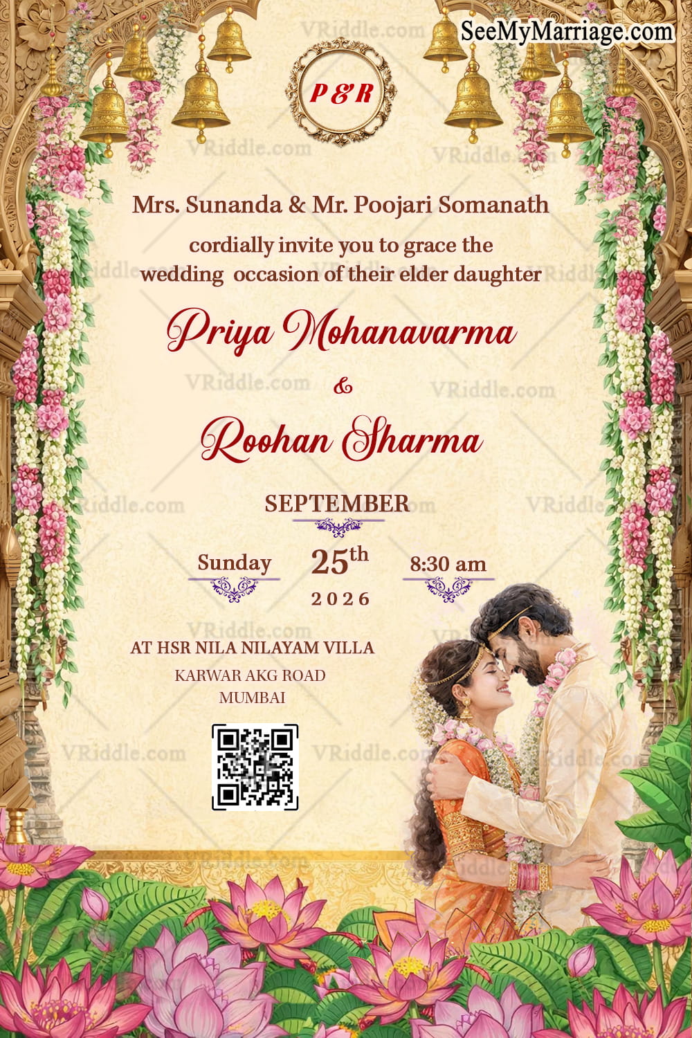 Floral Arch Wedding Invitation with Golden Temple Bells, Lotus Garden & Romantic Couple Illustration