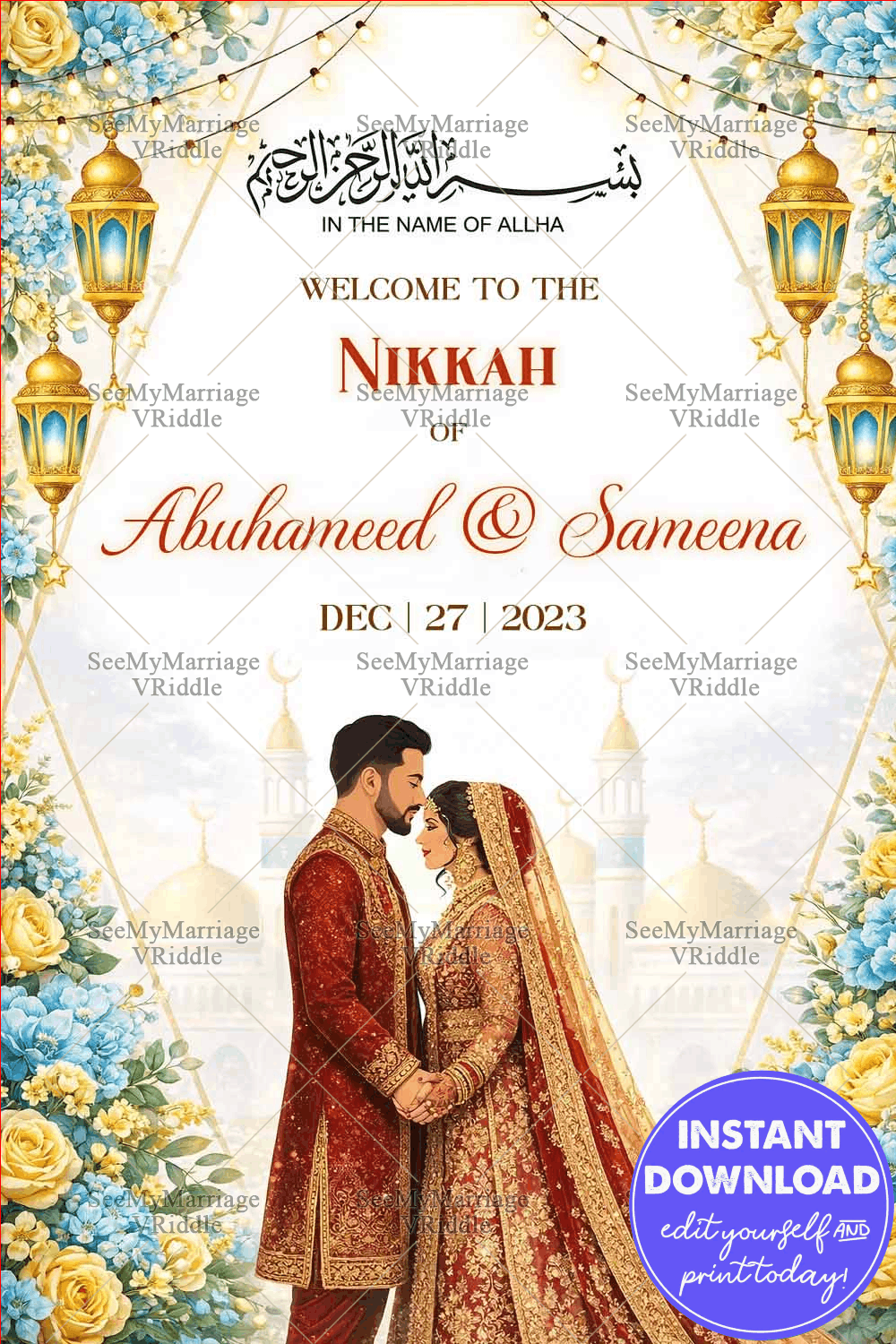 Floral Lantern Nikkah Banner with Golden Lights, Arabic Calligraphy & Royal Bridal Couple Illustration