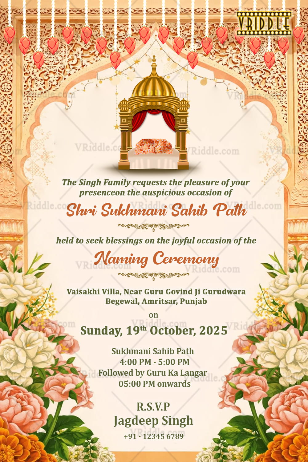 Floral Sukhmani Sahib Paath Invitation with Golden Canopy, Ornate Arch Frame, Hanging Diyas and Pastel Blossom Accents