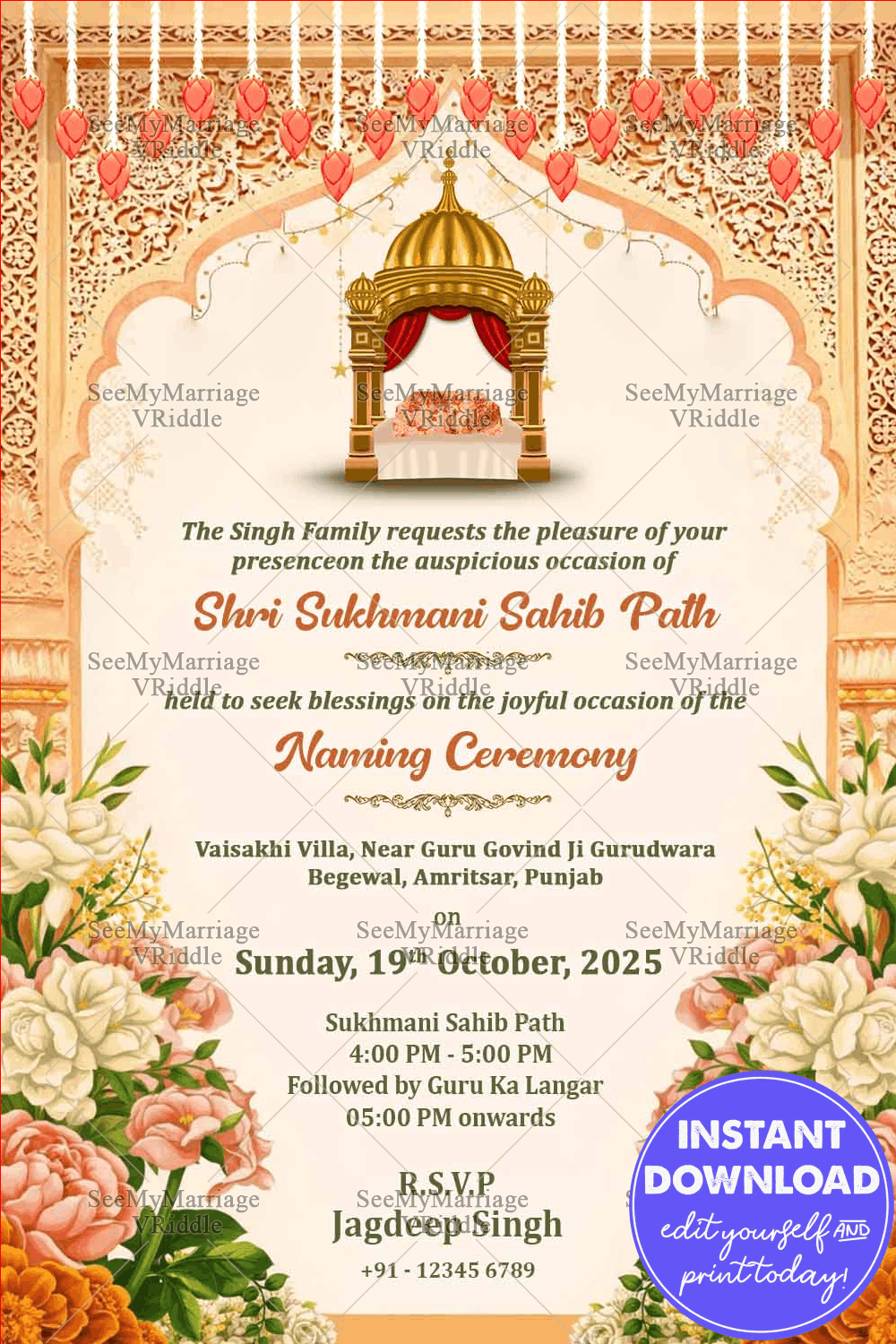 Floral Sukhmani Sahib Paath Invitation with Golden Canopy, Ornate Arch Frame, Hanging Diyas and Pastel Blossom Accents