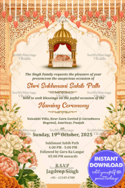 Floral Sukhmani Sahib Paath Invitation with Golden Canopy, Ornate Arch Frame, Hanging Diyas and Pastel Blossom Accents