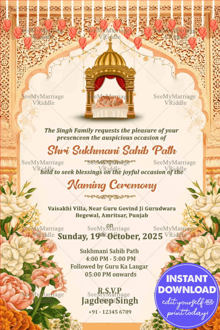 Floral Sukhmani Sahib Paath Invitation with Golden Canopy, Ornate Arch Frame, Hanging Diyas and Pastel Blossom Accents