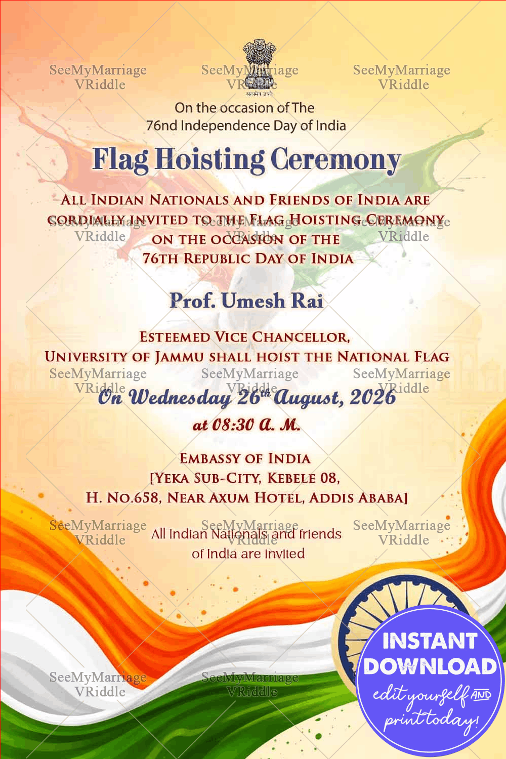 Flowing Tricolour Flag Hoisting Ceremony Invitation with Ashoka Chakra, National Emblem & Flowing